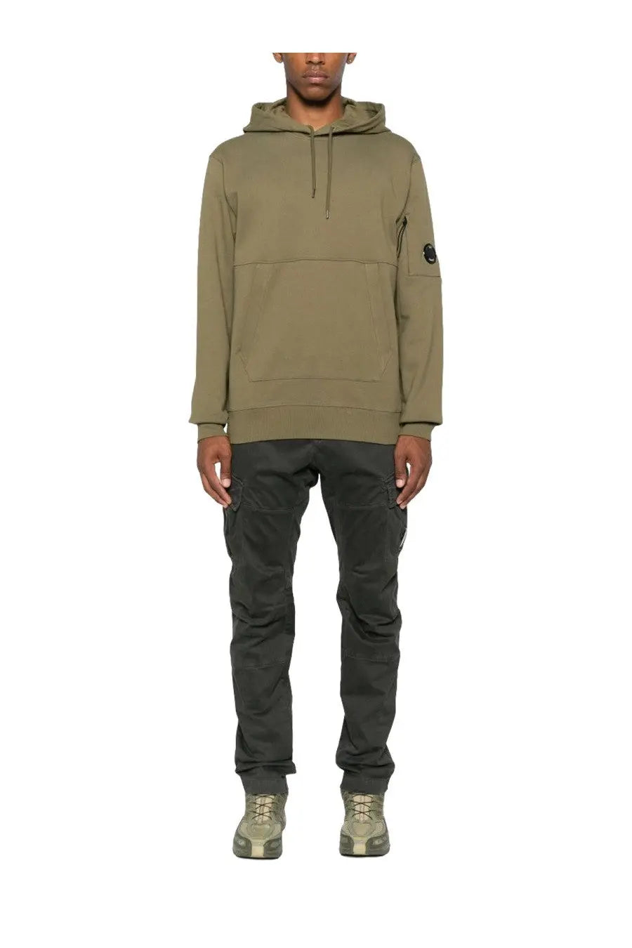 C.P. Company men’s olive green hooded sweatshirt with front pocket and small circular logo on left sleeve
