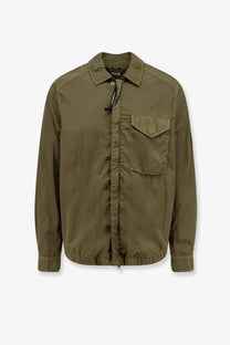 C.p. company men’s olive green nylon shirt jacket with buttoned collar chest pocket and zipper closure