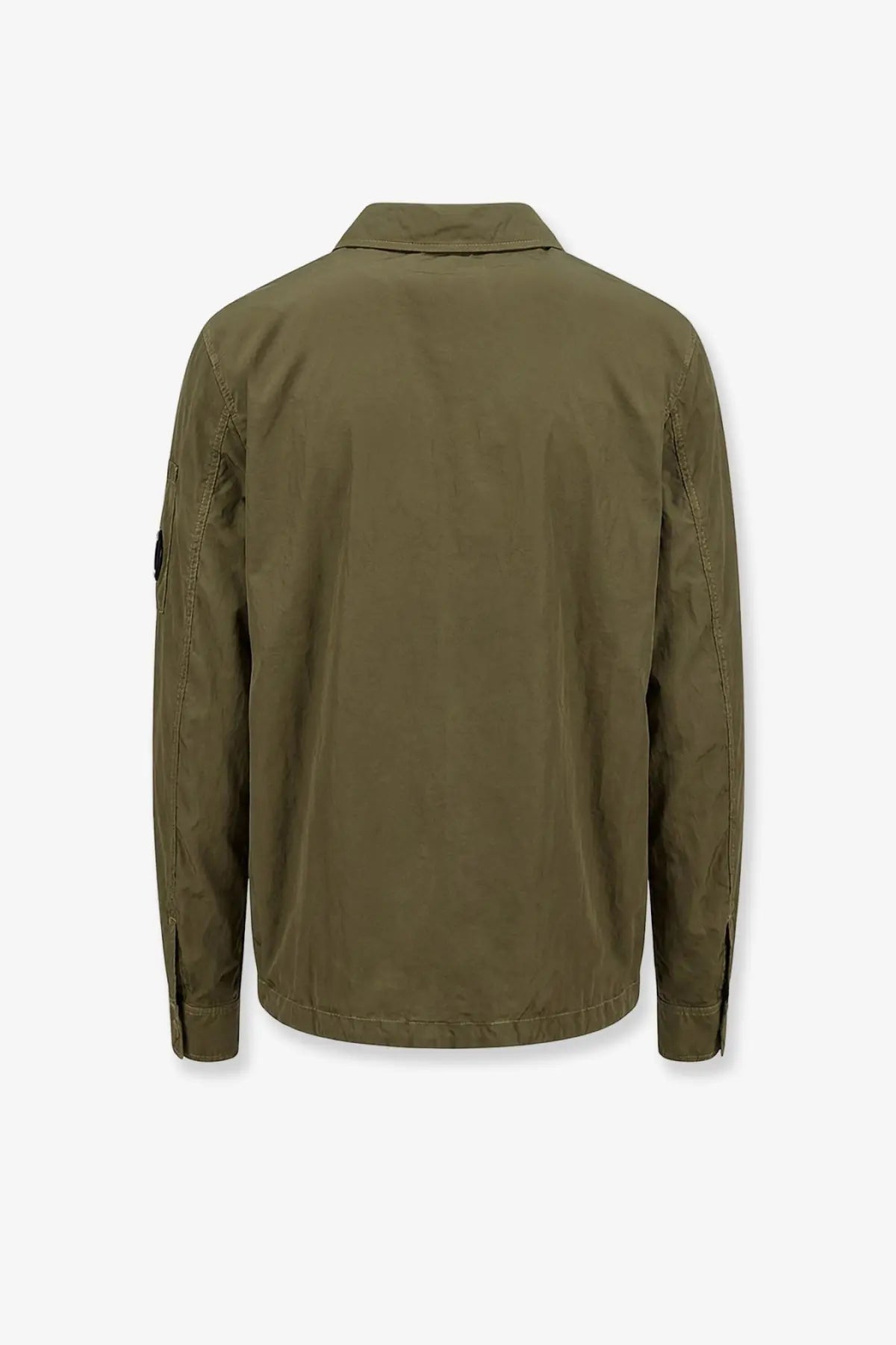 C.P. Company men’s olive green nylon shirt jacket with subtle texture and reinforced seams for durability