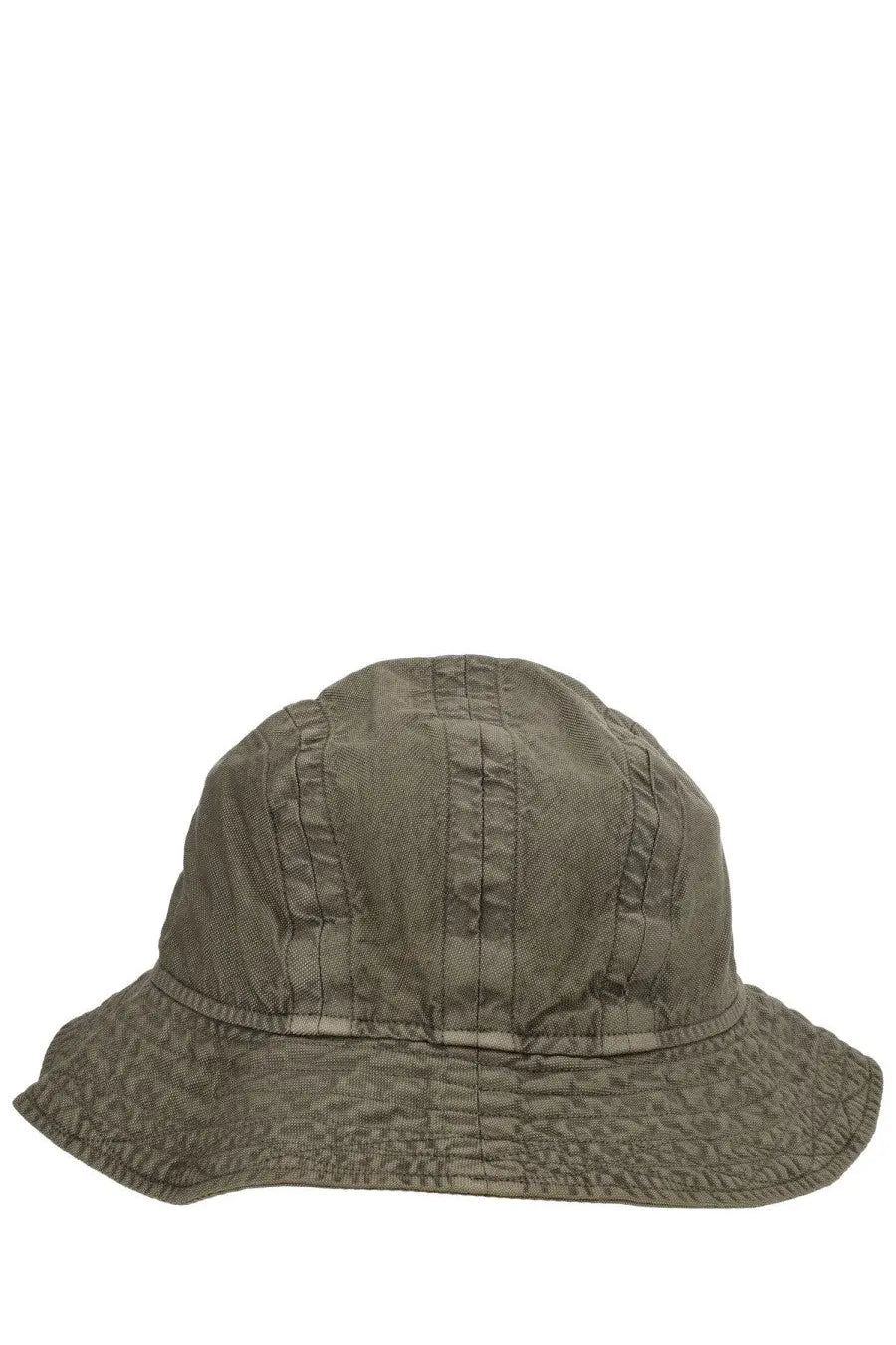 Olive green c.p. company men’s panama bucket hat with subtle textured pattern and stitched seams