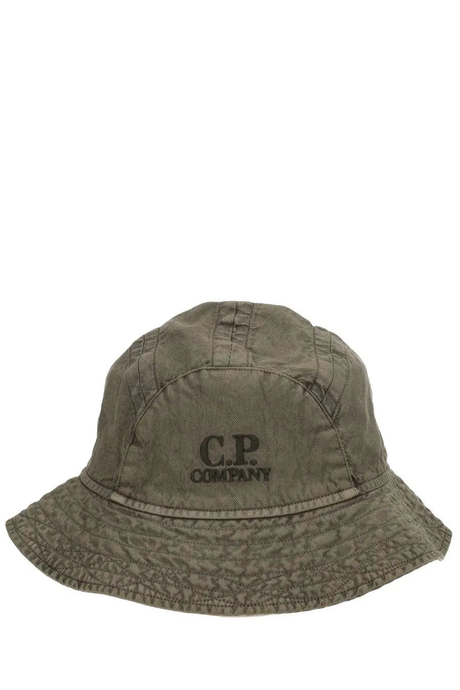 Olive green c.p. company men’s panama bucket hat with subtle textured fabric and embroidered logo