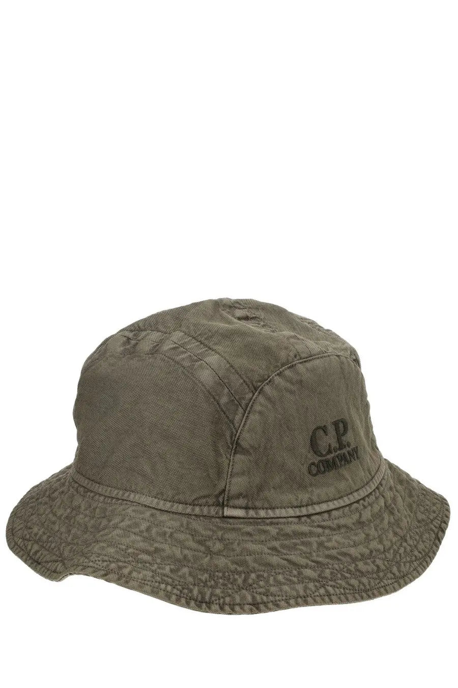 Olive green textured bucket hat with subtle c.p. branding from c.p. company men’s panama hat green collection