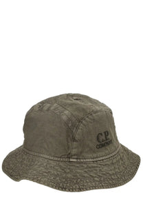Olive green textured bucket hat with subtle c.p. branding from c.p. company men’s panama hat green collection