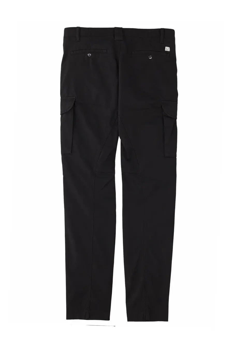Black cargo pants by C.P. Company with two large side pockets and brand tag on the waistband