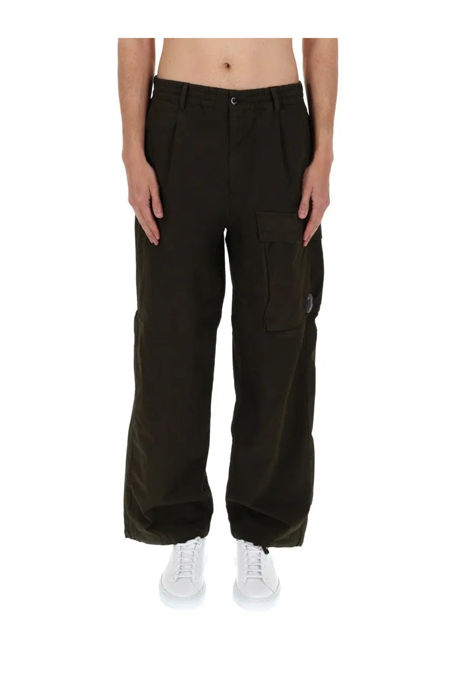 Dark olive c.p. company men’s pantalone cargo pants with relaxed fit large side pockets and subtle thigh branding