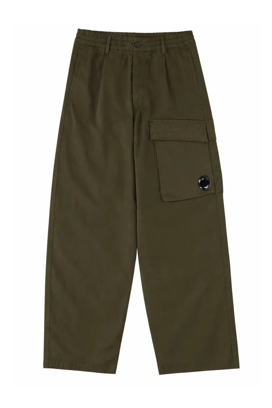 Olive green relaxed fit cargo pants with buttoned waistband and patch pocket featuring c.p. company black logo