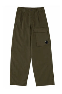 Olive green relaxed fit cargo pants with buttoned waistband and patch pocket featuring c.p. company black logo