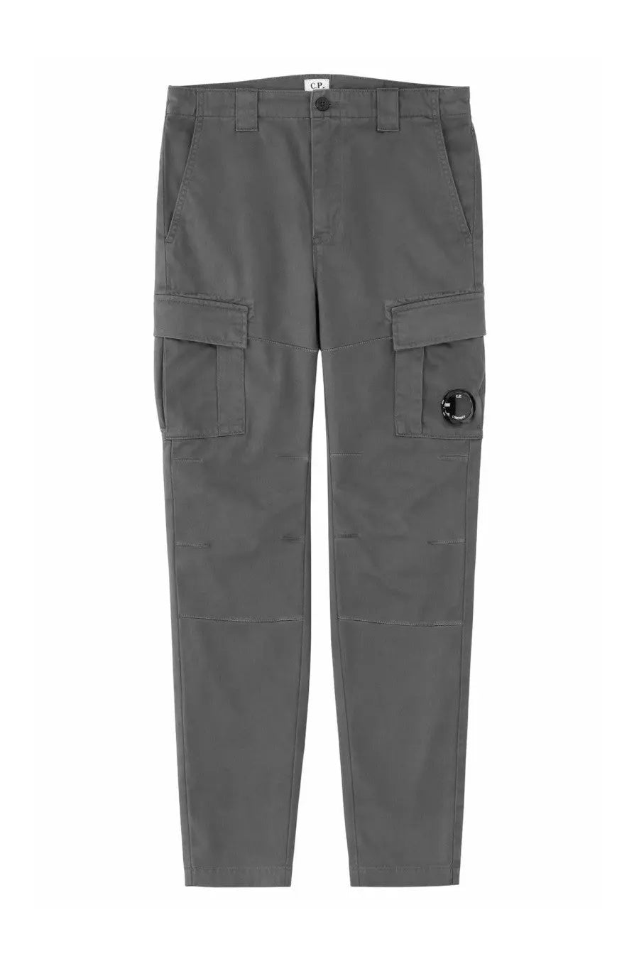 Dark gray C.P. Company men’s pantalone cargo pants with multiple pockets and black circular logo on right thigh