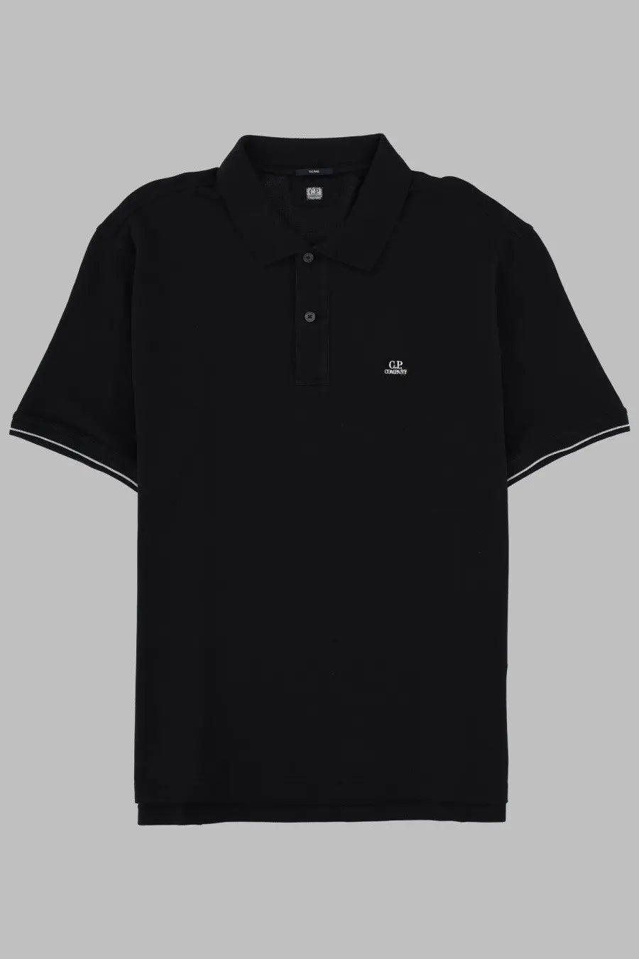 C.p. company men’s black polo shirt with white collar and cuff trim featuring small embroidered logo on left chest