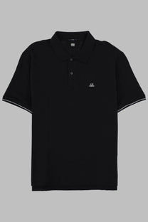 C.p. company men’s black polo shirt with white collar and cuff trim featuring small embroidered logo on left chest