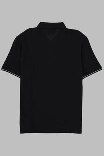 C.P. Company men’s black polo shirt with short sleeves and white trim on collar and sleeve edges