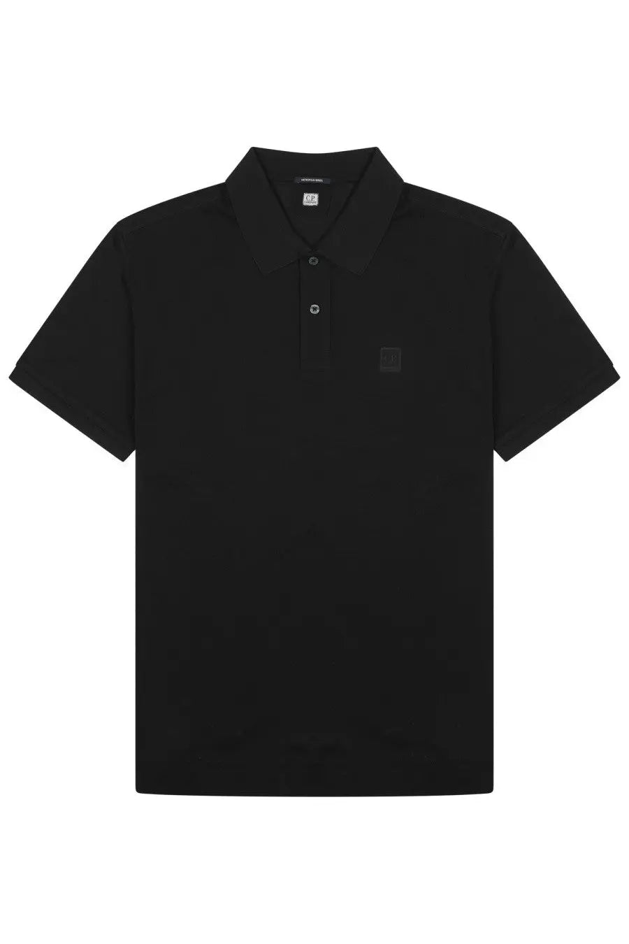 Black short-sleeved polo shirt with subtle textured fabric and small square logo on left chest by C.P. Company