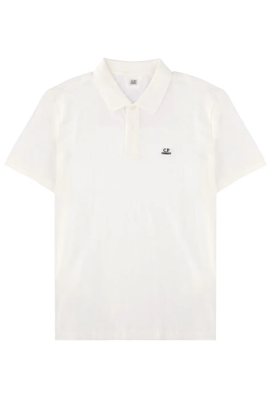 C.P. Company men’s white short-sleeved polo shirt with subtle textured fabric and black embroidered logo on left chest
