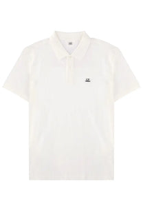 C.P. Company men’s white short-sleeved polo shirt with subtle textured fabric and black embroidered logo on left chest