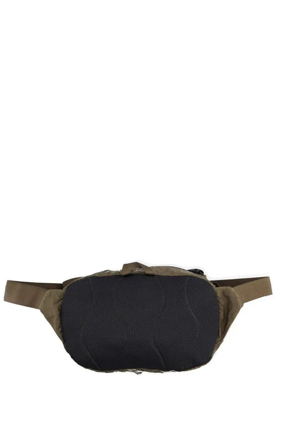 C.p. company men’s pouch nylon green olive green and black quilted waist pack with mesh back panel shown from the back