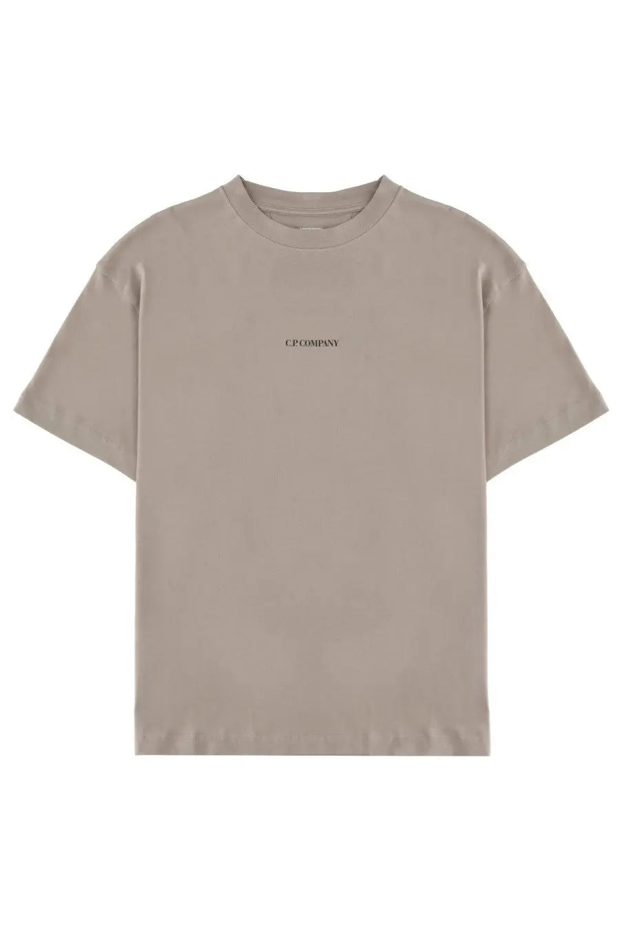 Beige short-sleeved crew neck t-shirt with subtle black c.p. logo from c.p. company mens shirt beige collection