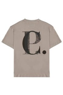 C.p. company men’s beige short-sleeved t-shirt with a large black c graphic with textured distressed detailing