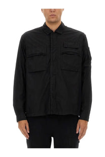 C.P. Company men’s black long-sleeved utility shirt with collar and two chest pockets in durable fabric