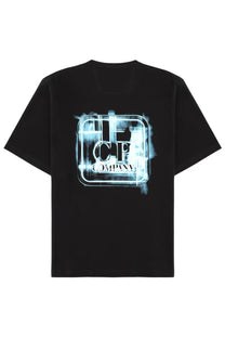 C.P. Company men’s black short-sleeved t-shirt with glowing blue and white distressed logo on front