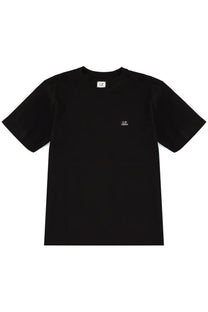 C.P. Company men’s black short-sleeved t-shirt with subtle white embroidered logo on chest and small neckline tag
