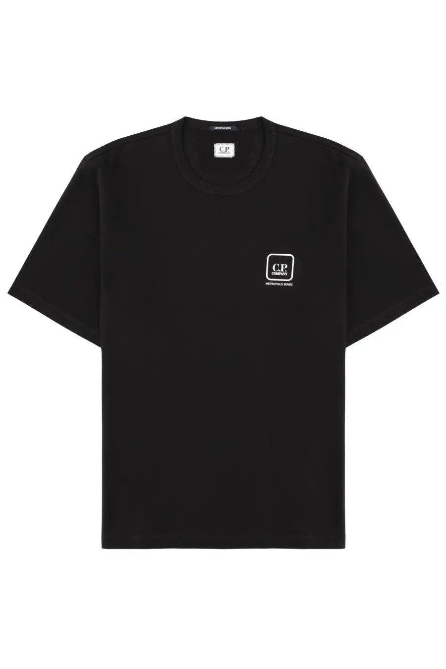 C.P. Company men’s black short-sleeved t-shirt with white minimalist logos on left chest and collar