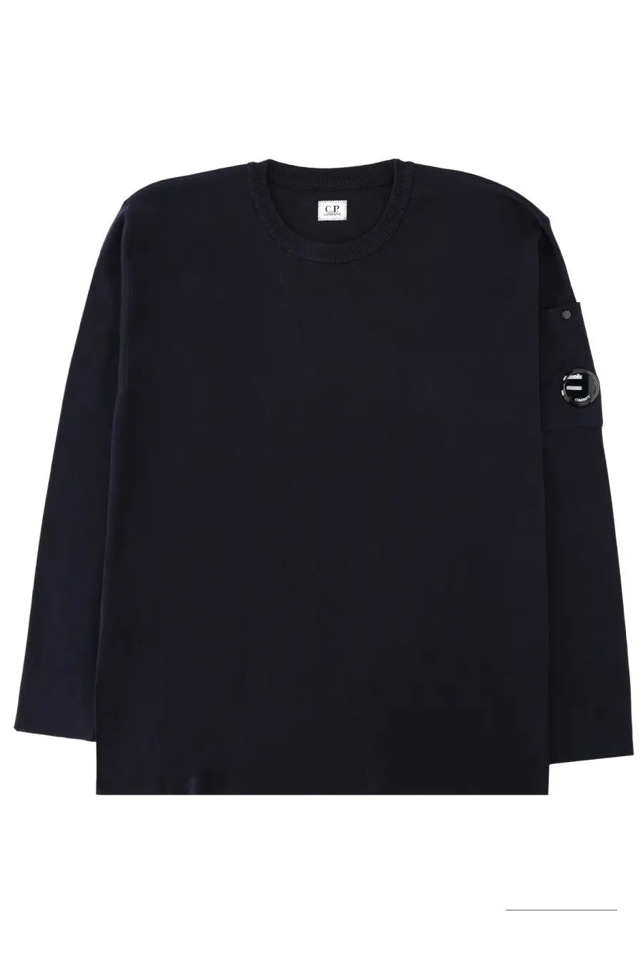 Black long-sleeved crewneck sweatshirt with subtle textured fabric and circular logo patch on left sleeve by c.p. company