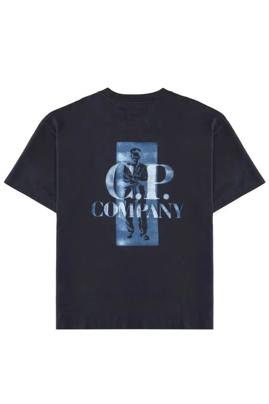 Black c.p. company men’s short-sleeved t-shirt with faded blue silhouette graphic on front