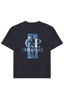 Black c.p. company men’s short-sleeved t-shirt with faded blue silhouette graphic on front