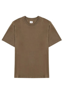 C.P. Company men’s olive green cotton t-shirt with classic crew neck short sleeves and brand label at collar