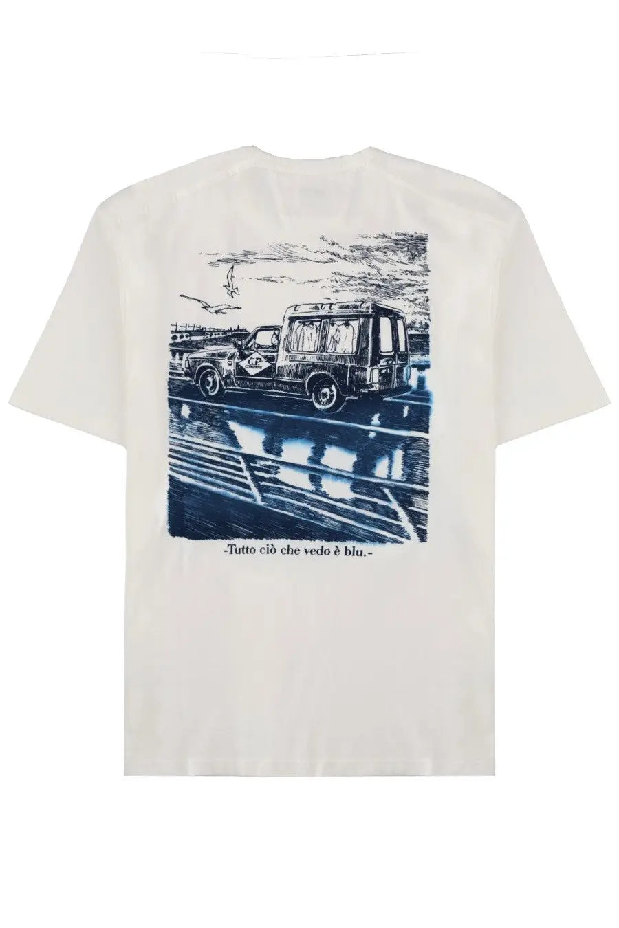 Off-white cotton c.p. company men’s t-shirt back with blue ink ice cream truck sketch and italian phrase printed below
