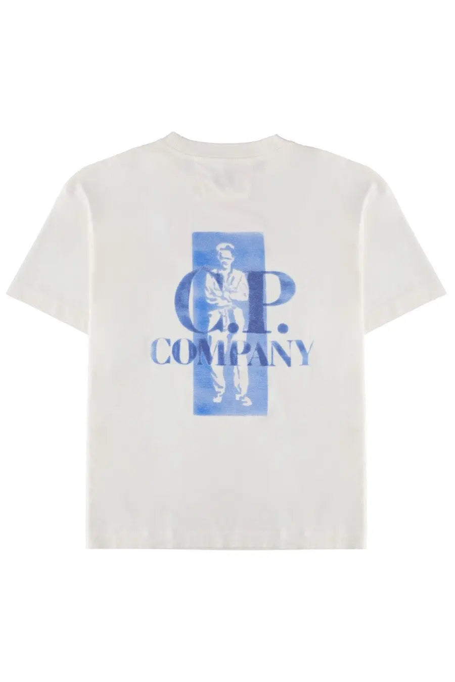 Cream-colored cotton t-shirt featuring a blue watercolor graphic of a man in a suit from C.P. Company men’s white shirt