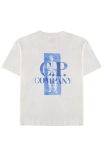 Cream-colored cotton t-shirt featuring a blue watercolor graphic of a man in a suit from C.P. Company men’s white shirt