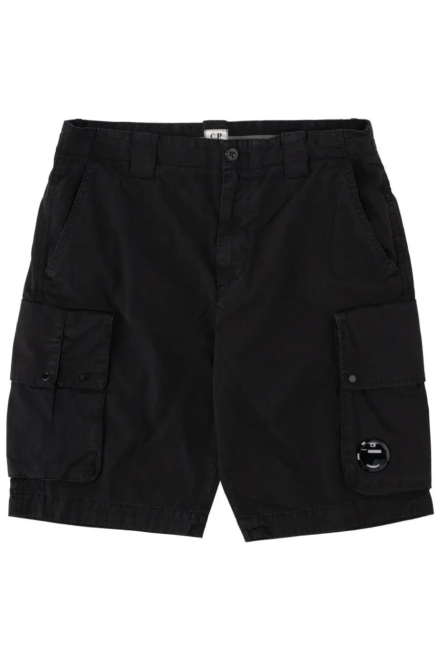 Black cargo shorts by c.p. company with multiple pockets and branded patch on the thigh in durable fabric