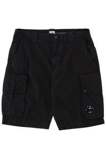 Black cargo shorts by c.p. company with multiple pockets and branded patch on the thigh in durable fabric