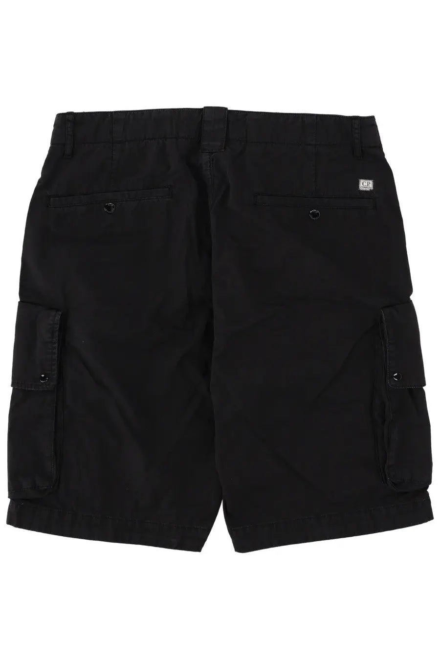 Black cargo shorts with multiple pockets and subtle brand tag on back waistband c.p. company men’s shorts cargo con patch black