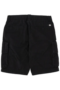 Black cargo shorts with multiple pockets and subtle brand tag on back waistband c.p. company men’s shorts cargo con patch black