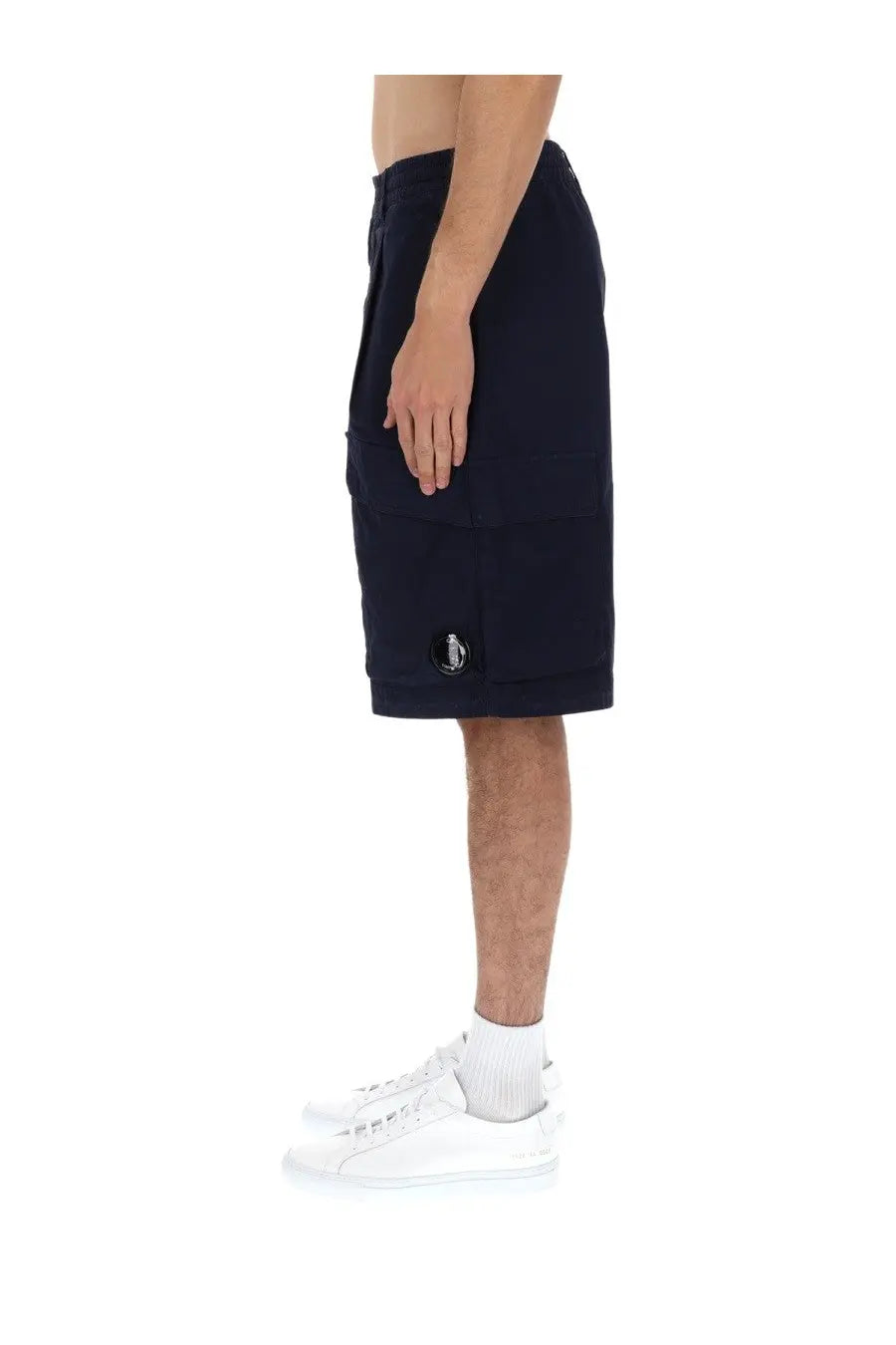 C.P. Company men’s dark navy blue cargo shorts with subtle patch logo on lower leg ideal for casual wear