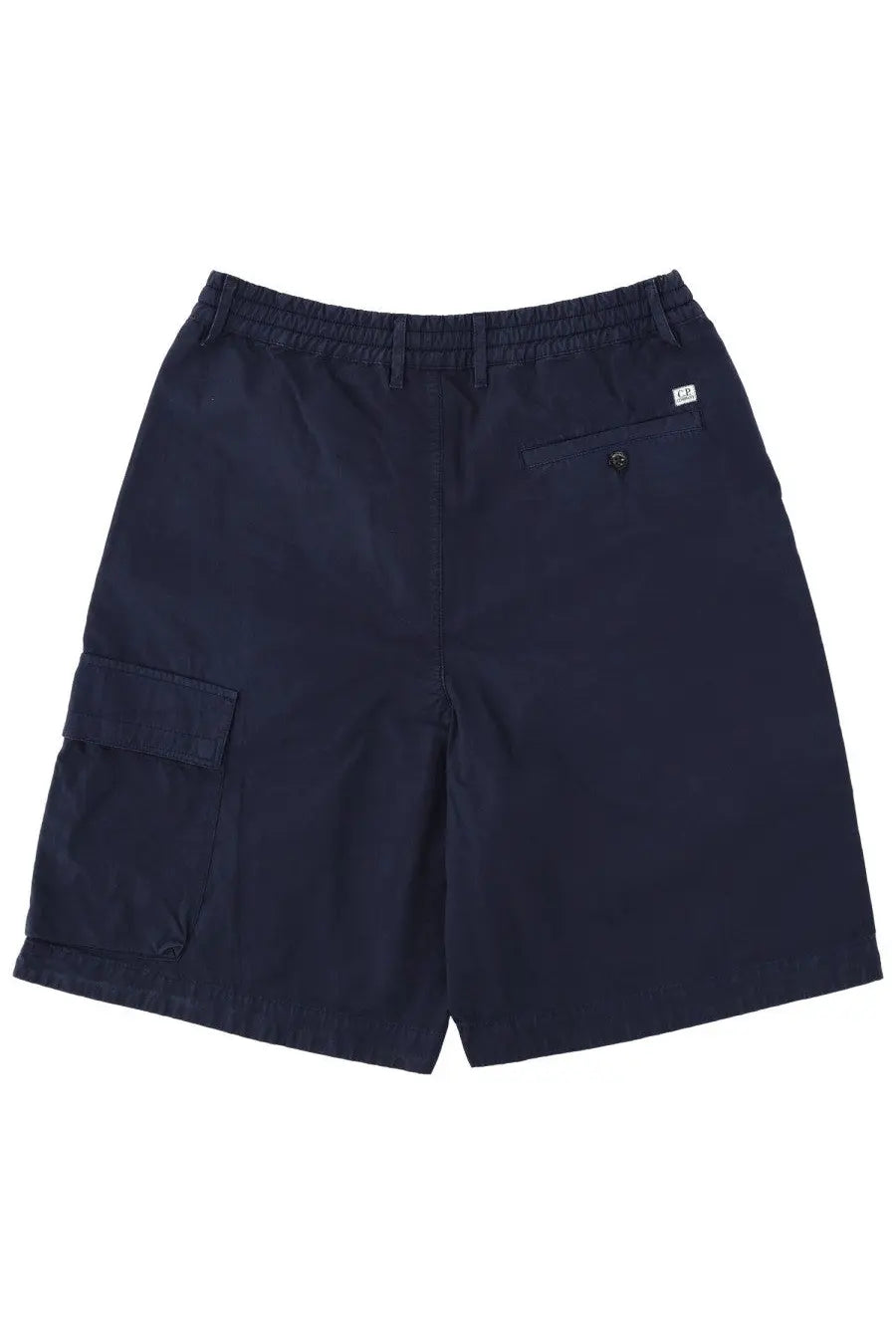 Dark navy c.p. company men’s cargo shorts with elastic waistband and branded patch on the back pocket view