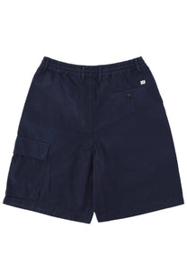 Back view of c.p. company men’s dark navy cargo shorts with elastic waistband and branded patch on the pocket