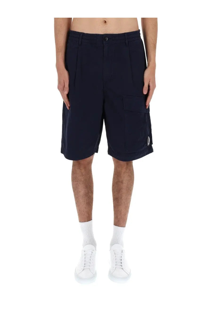 Dark navy pleated cargo shorts with button closure and side pockets from c.p. company mens shorts cargo con patch blue