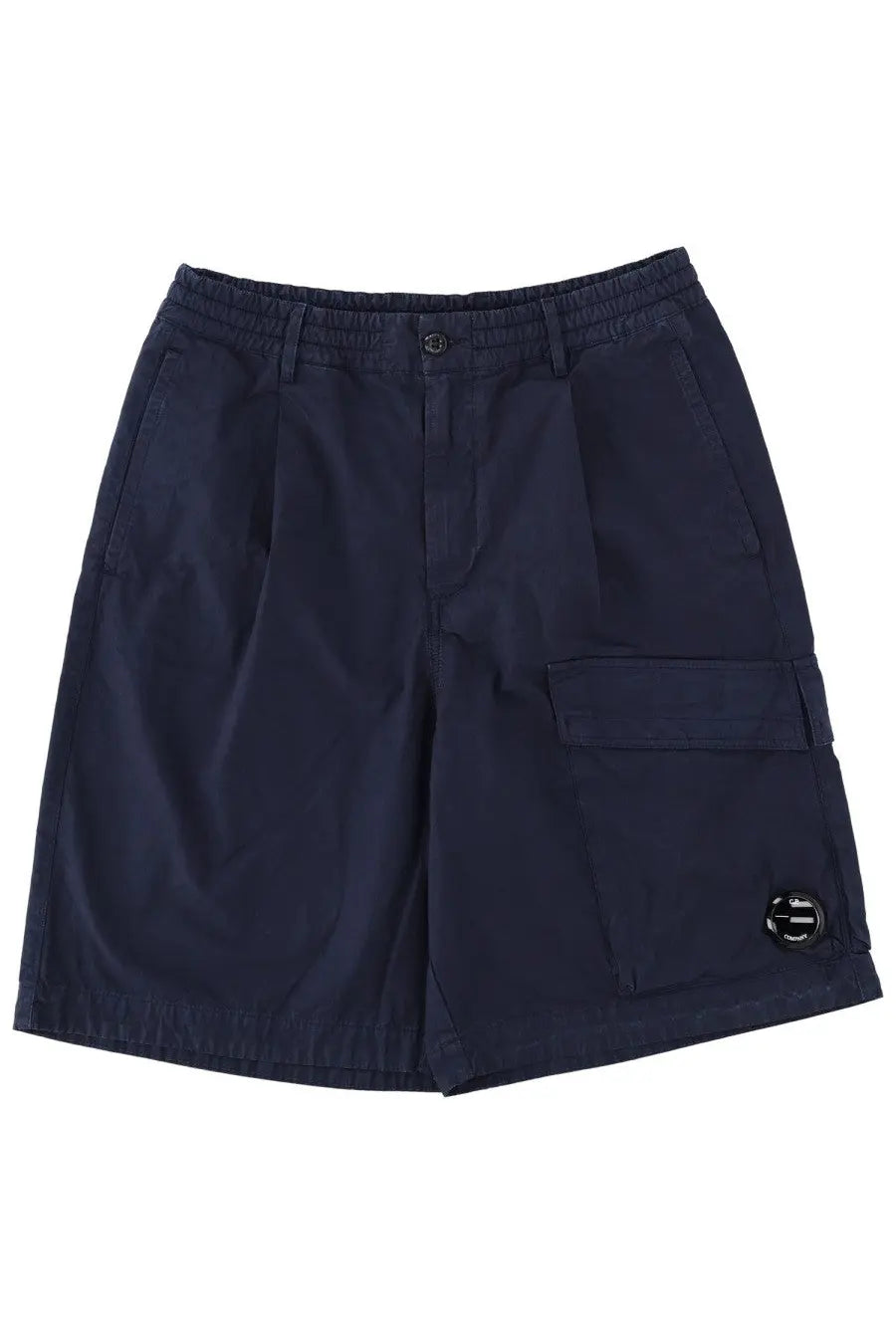 Dark navy c.p. company men’s cargo shorts with drawstring waistband and circular logo patch on lower right leg