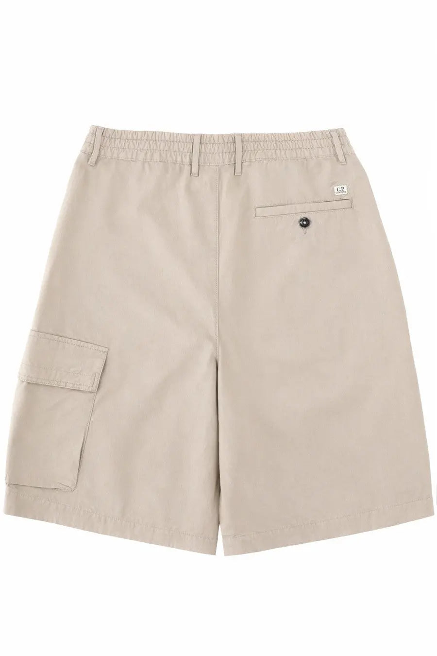 Beige c.p. company men’s cargo shorts with elastic waistband and branded patch on back pocket showing backside