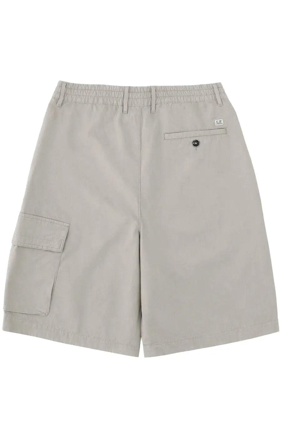 Beige c.p. company men’s cargo shorts with elastic waistband and branded patch on the back pocket shown from behind