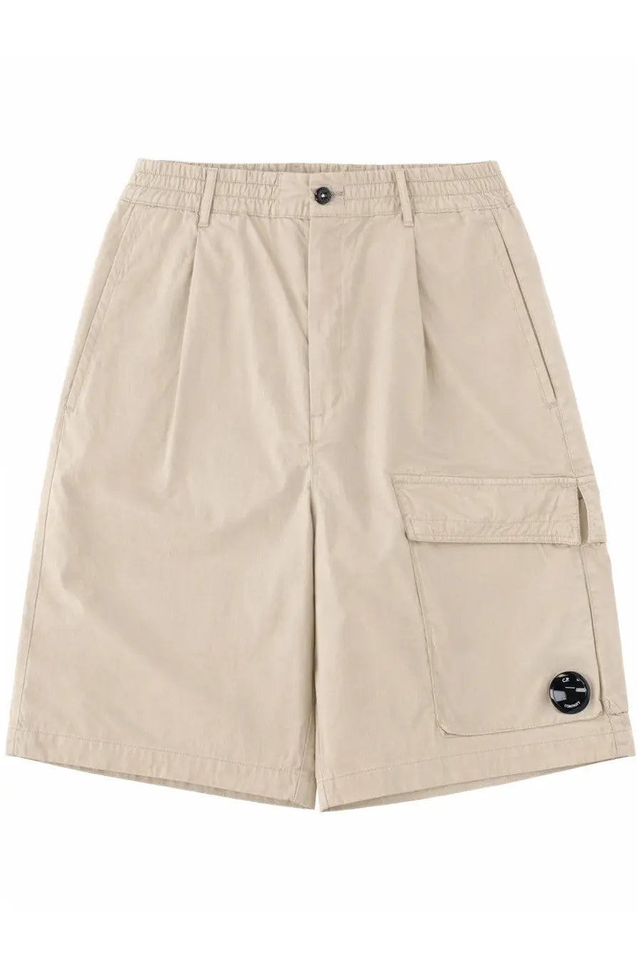 C.P. Company men’s beige cargo shorts with relaxed fit elastic waistband and large side pockets with black brand patches
