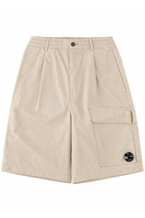 C.P. Company men’s beige cargo shorts with relaxed fit elastic waistband and large side pockets with black brand patches