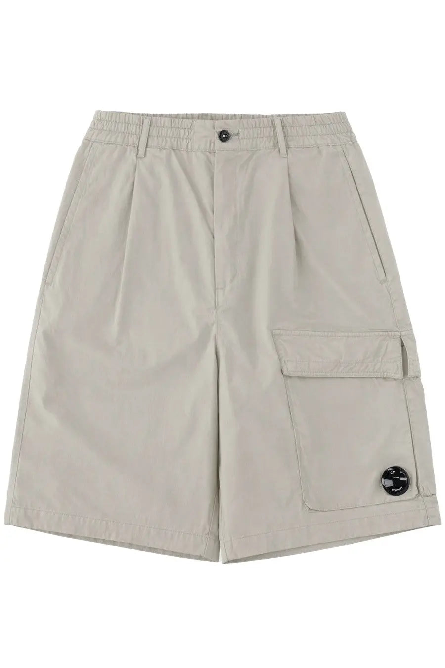 C.P. Company men’s beige cargo shorts with relaxed fit elastic waistband and large side pockets with black patches