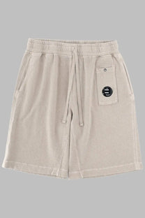 C.P. Company men’s beige cotton shorts with drawstring waistband and black circular patch on front pocket