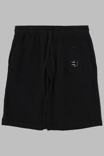 C.P. Company men’s black cotton shorts with drawstring waistband and circular logo patch on front pocket