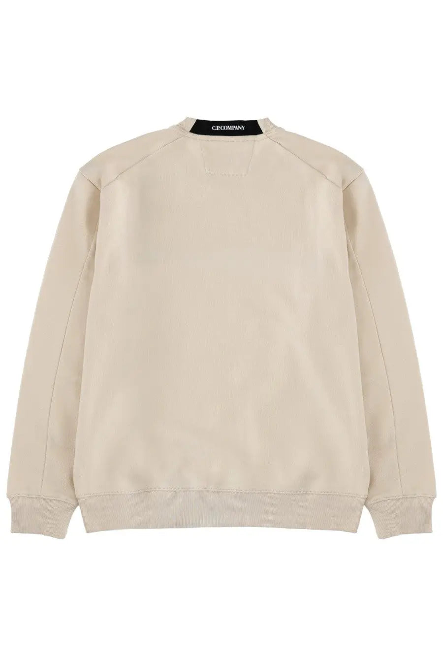 C.p. company men’s beige sweatshirt with ribbed cuffs and hem and black brand tag at the neckline