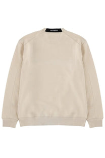 C.p. company men’s beige sweatshirt with ribbed cuffs and hem and black brand tag at the neckline